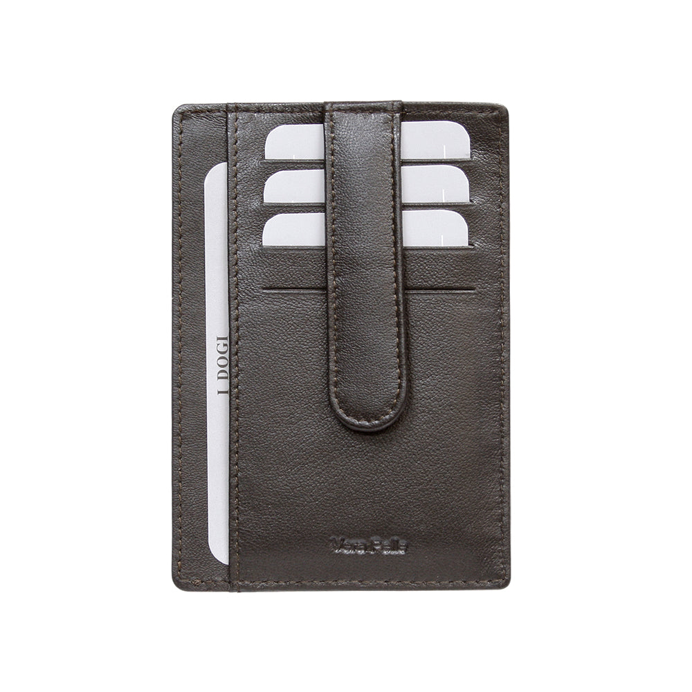 Tony Perotti Cortina 5001 moro — back face of the dark brown leather card holder: the strap down the centre, card slots either side and a card in the full-height pocket