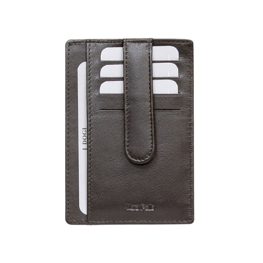 Tony Perotti Cortina 5001 moro — back face of the dark brown leather card holder: the strap down the centre, card slots either side and a card in the full-height pocket