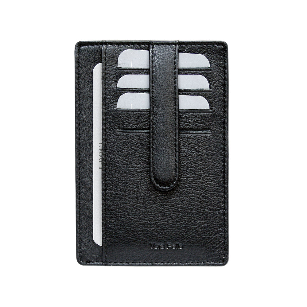 Tony Perotti Cortina 5001 nero — back face of the black leather card holder: the strap down the centre, card slots either side and a card in the full-height pocket