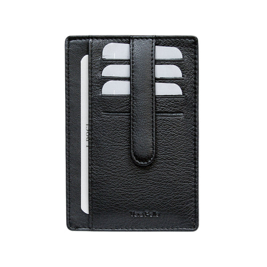 Tony Perotti Cortina 5001 nero — back face of the black leather card holder: the strap down the centre, card slots either side and a card in the full-height pocket