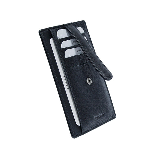 Cortina 5001 nero at an angle — the leather strap lifted, showing the press stud that closes it
