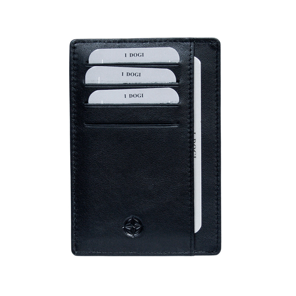 Cortina 5001 nero — front face with three card slots, the full-height side pocket and the embossed compass rose