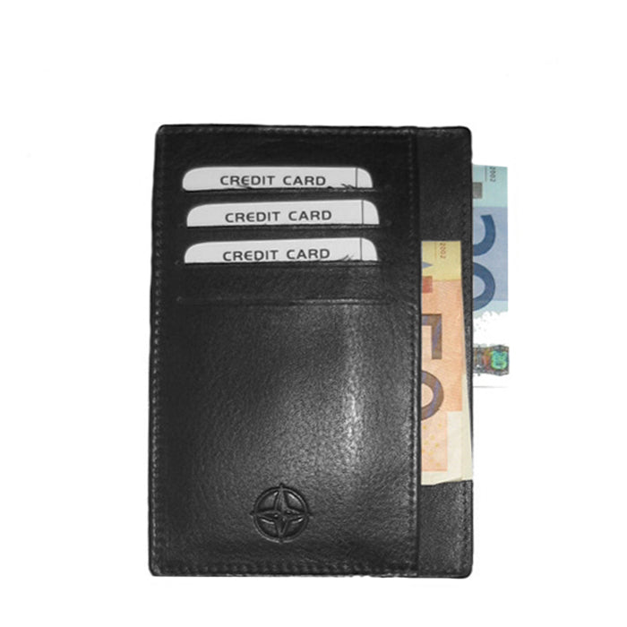 Tony Perotti Cortina 5001 nero — front face of the black leather card holder with cards in the slots, a banknote in the full-height side pocket and the embossed compass rose