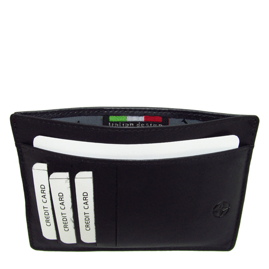 Tony Perotti Cortina 5001 nero — opened along the top edge, showing the full-width document compartment, the grey lining and the woven «Italian design» label