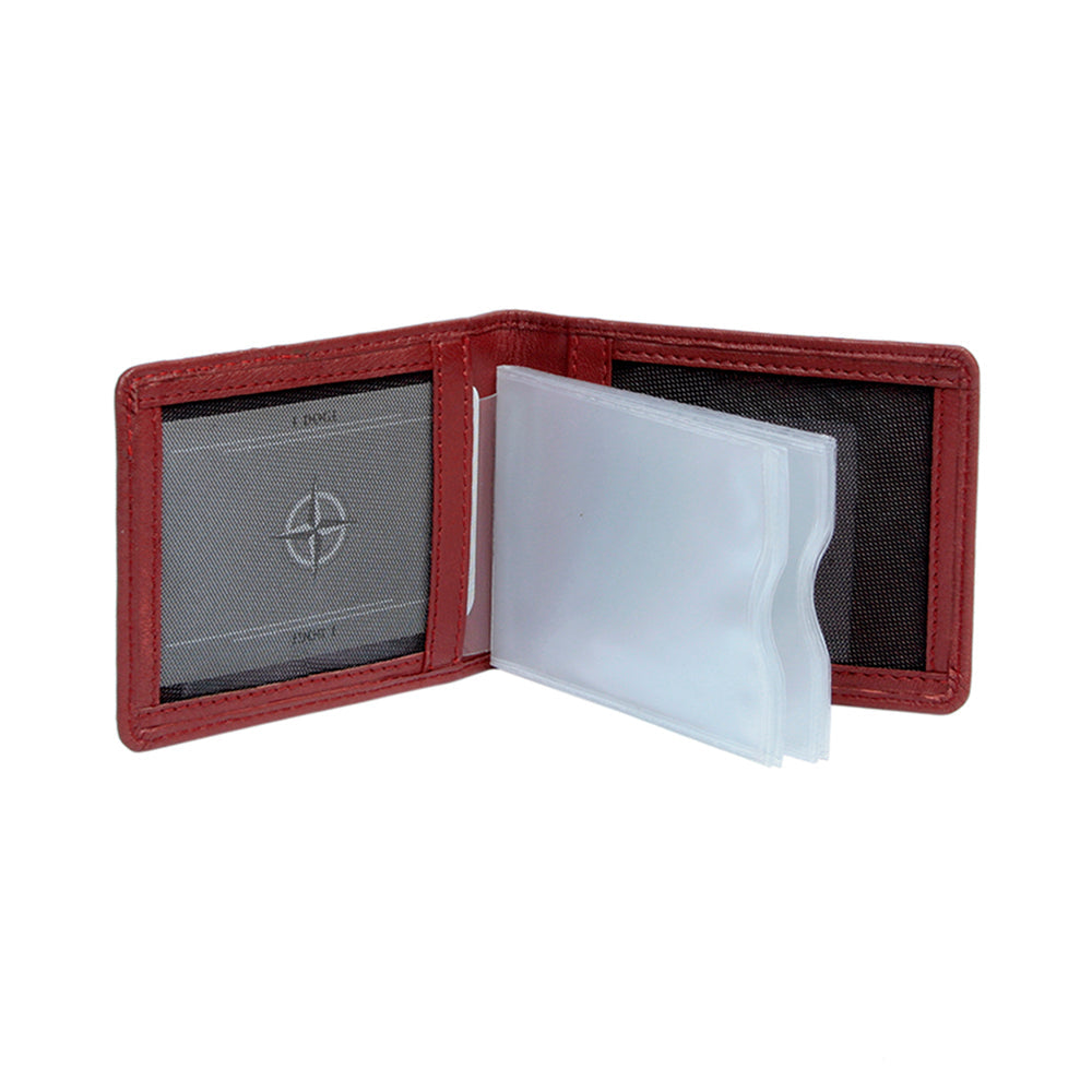 Tony Perotti Cortina 5044 rosso business card holder open — clear card files bound into the fold and full-height pockets on both inner panels