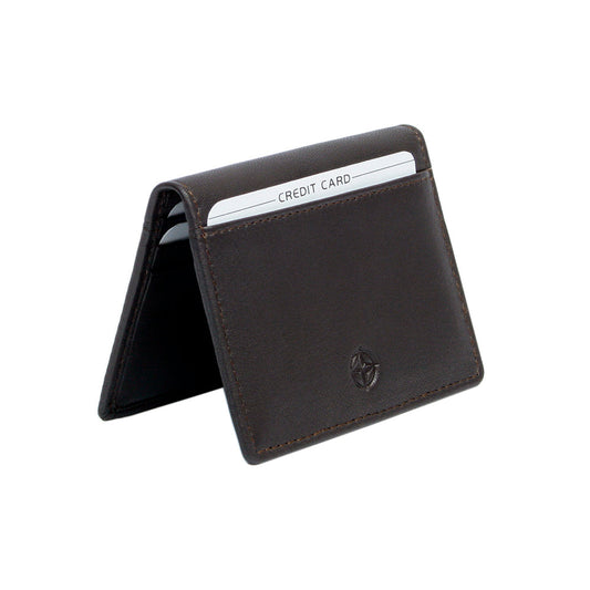 Tony Perotti Cortina 5046 moro brown leather card wallet standing half-open like a tent — a card in the outer front pocket and the compass rose on the front