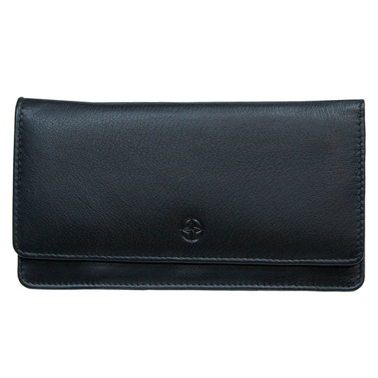 Black Tony Perotti Cortina 5072 flap wallet seen straight on, closed, with the embossed compass rose on the flap