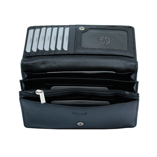Tony Perotti Cortina 5072 nero opened — card slots and the mesh ID window under the flap, the main compartments and the zipped coin compartment below