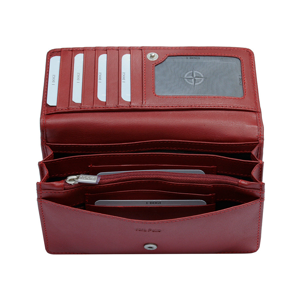 Open red leather wallet with card slots and zippers on a white background