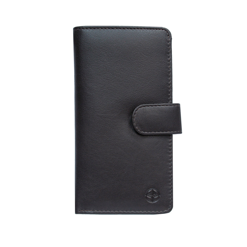Tony Perotti Cortina 5074 moro dark brown leather card wallet with snap strap and embossed compass emblem — handcrafted in Italy