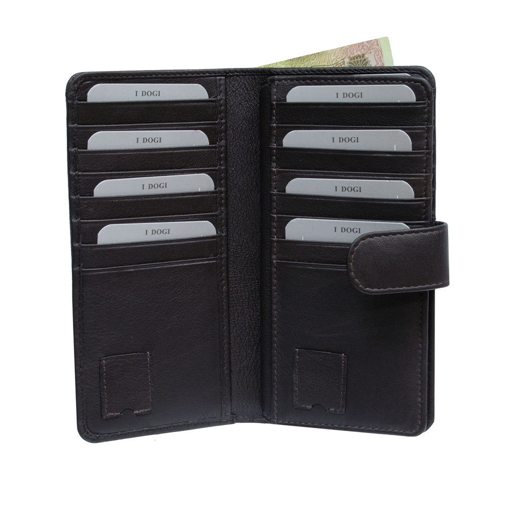 Dark brown Cortina 5074 card wallet open showing rows of card slots and a banknote