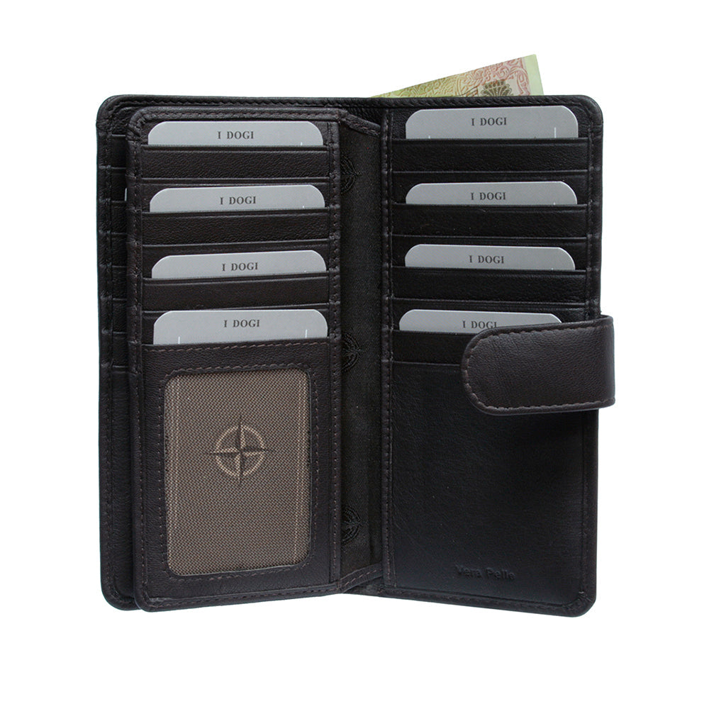 Dark brown Cortina 5074 card wallet open showing the ID window and card slots