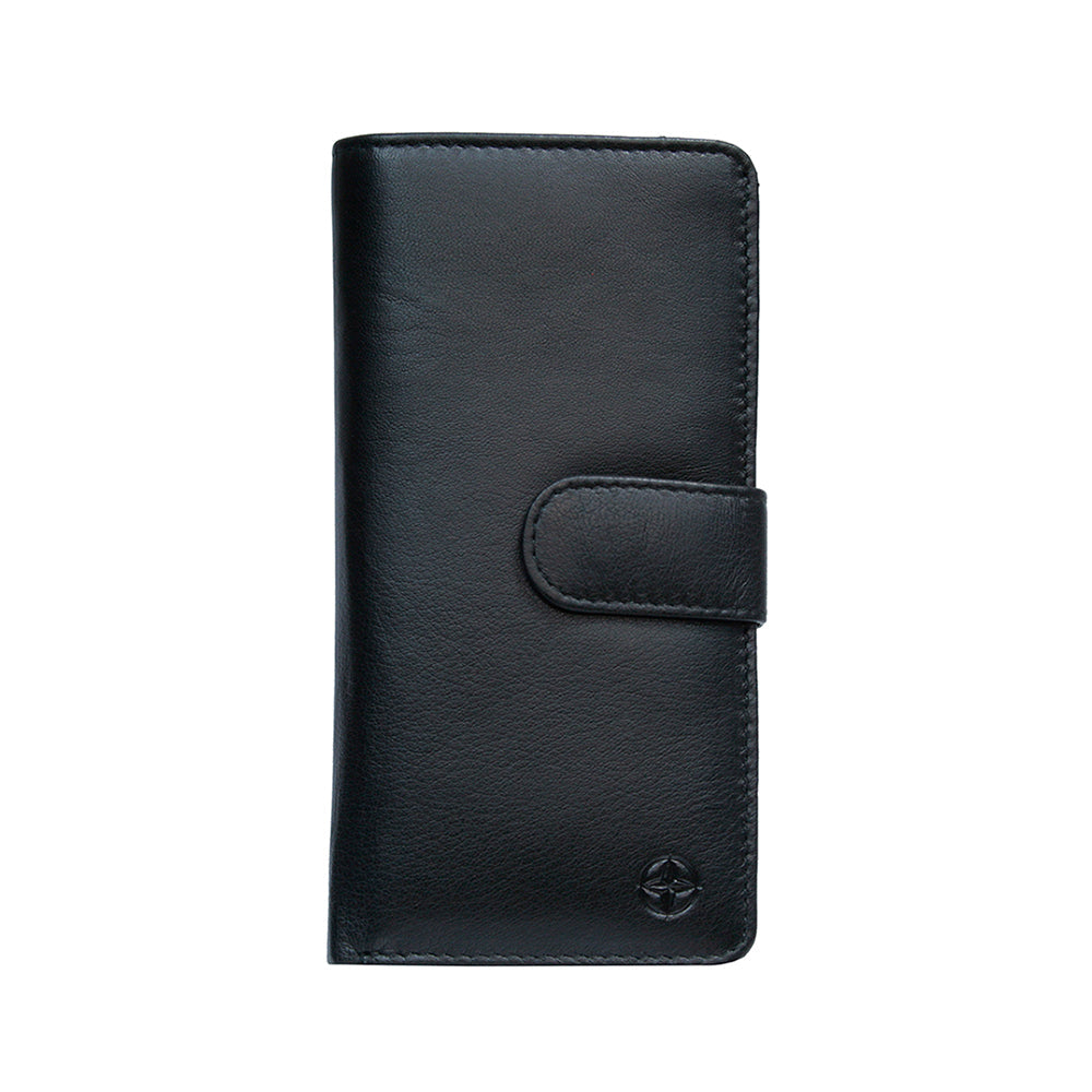 Tony Perotti Cortina 5074 nero black leather card wallet with snap strap and embossed compass emblem — handcrafted in Italy