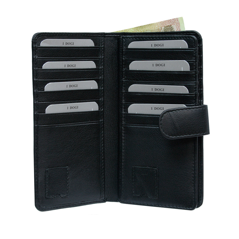 Black Cortina 5074 card wallet open showing rows of card slots and a banknote