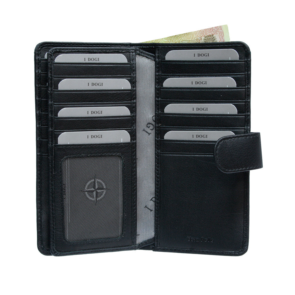 Black Cortina 5074 card wallet open showing the ID window and card slots