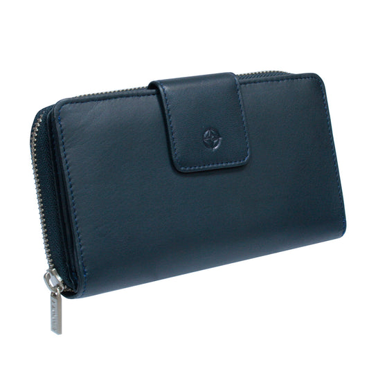 Blue wallet with a brand logo on a white background