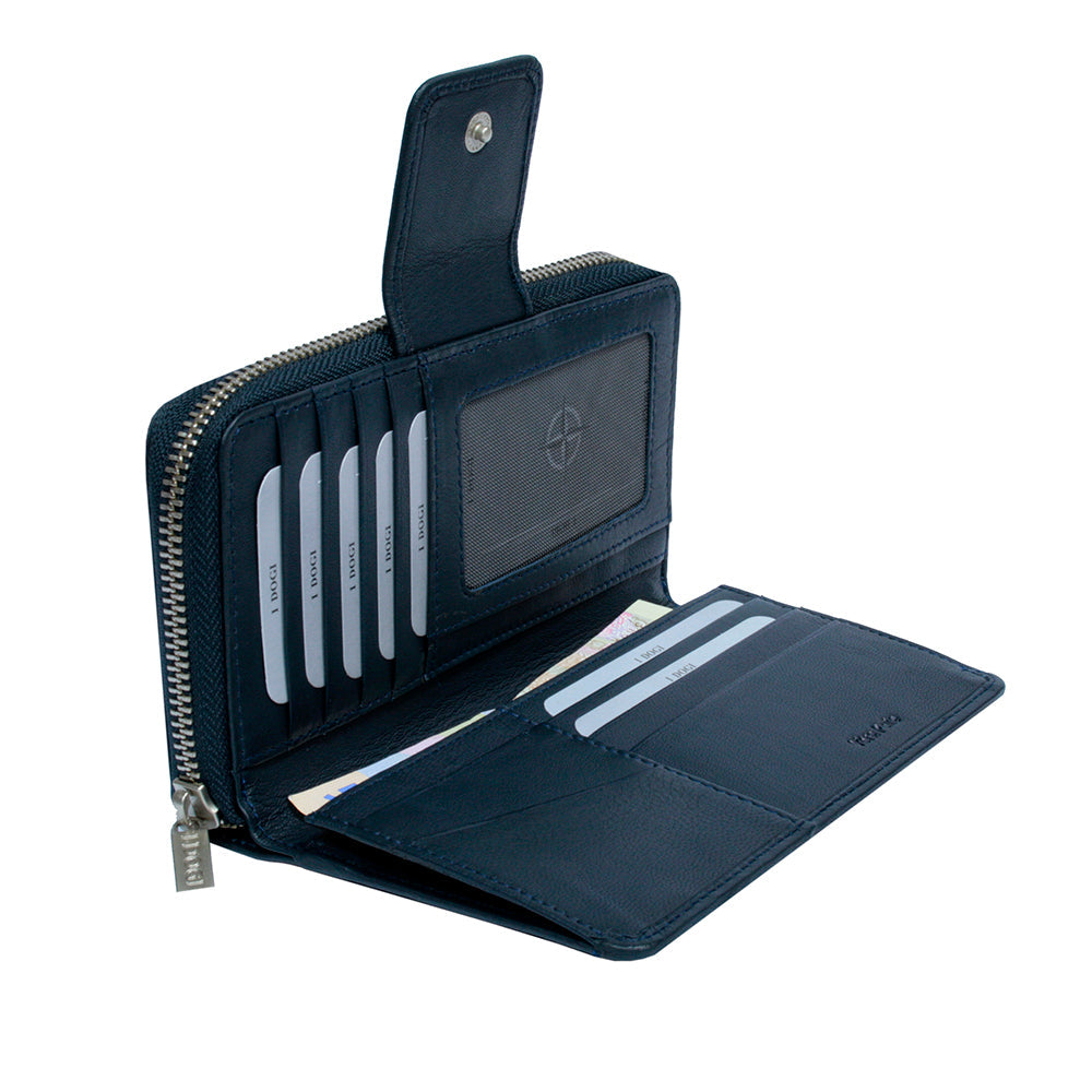 Tony Perotti Cortina 5084 navy wallet with card slots and a visible brand logo on a white background