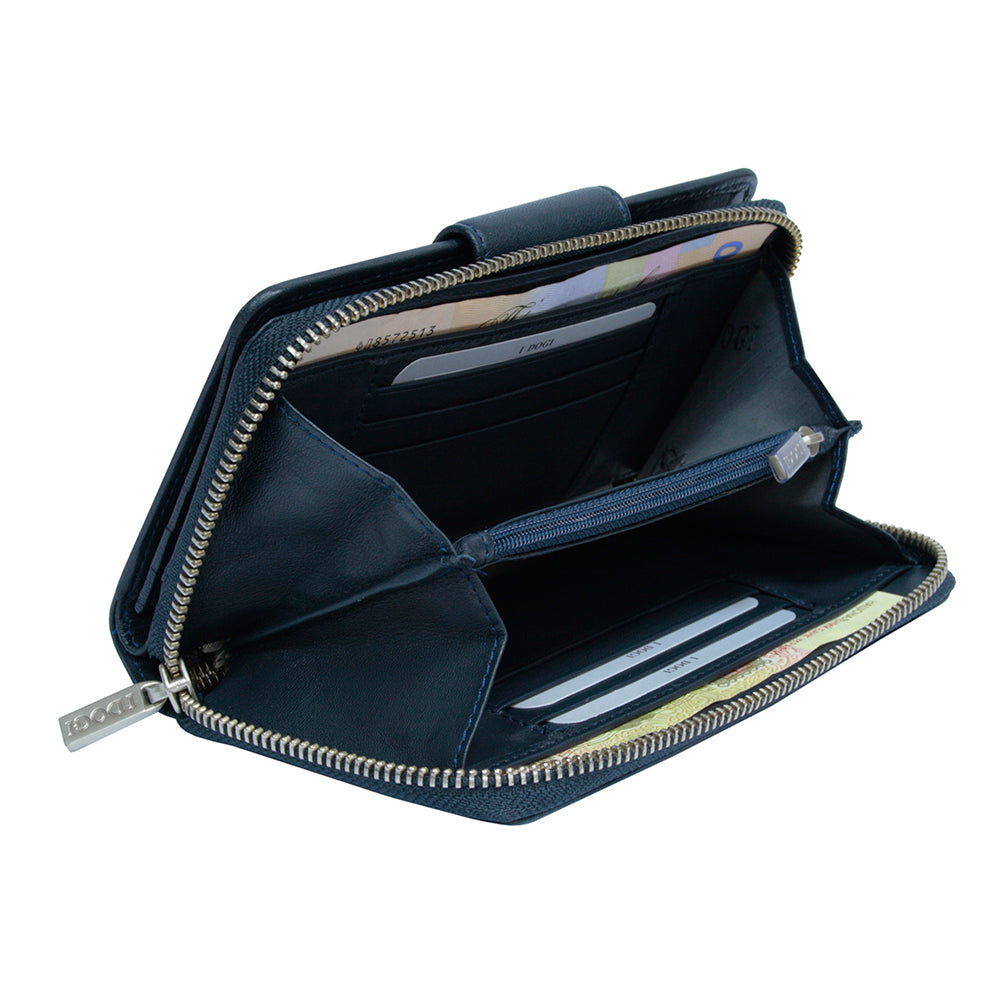 Open Tony Perotti Cortina 5084 navy wallet with various compartments on a white background