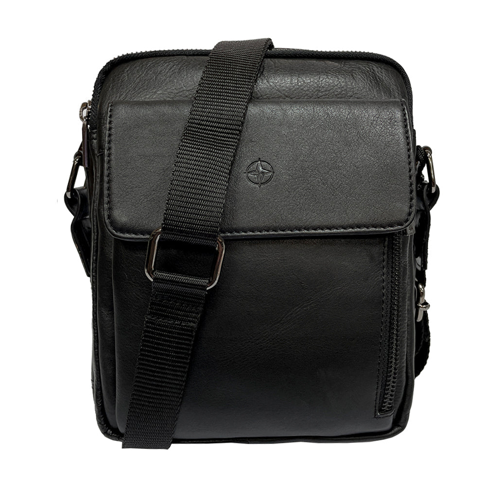 Tony Perotti Cortina 6047 nero black leather crossbody bag, front view with the flap pocket and embossed compass rose