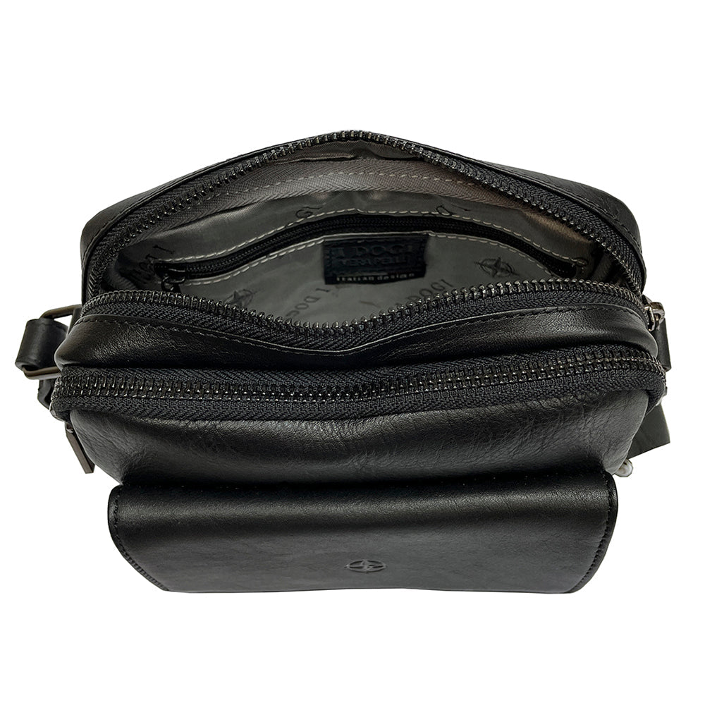 Cortina 6047 nero open from the top: two zip compartments and the lining printed with the compass-rose motif