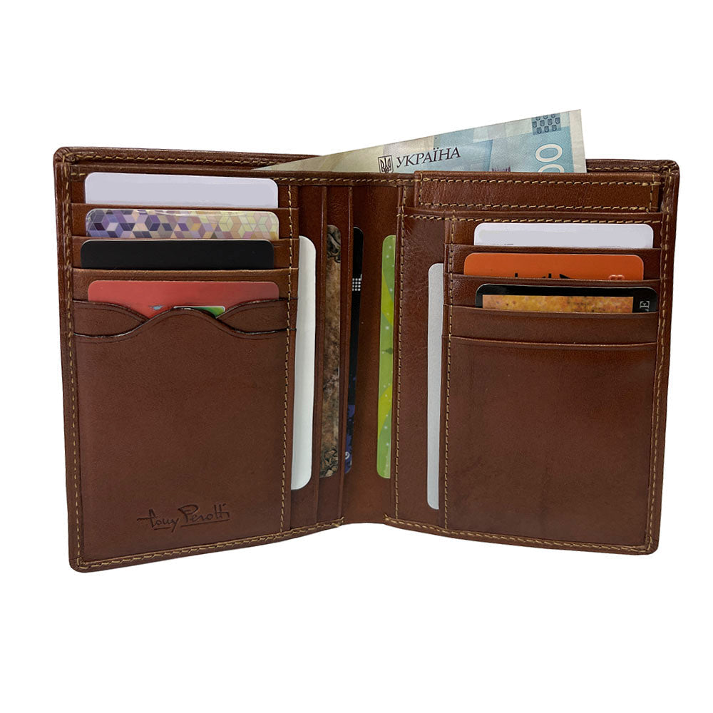 Open Tony Perotti Italico 1153 cognac wallet showing card slots and banknotes