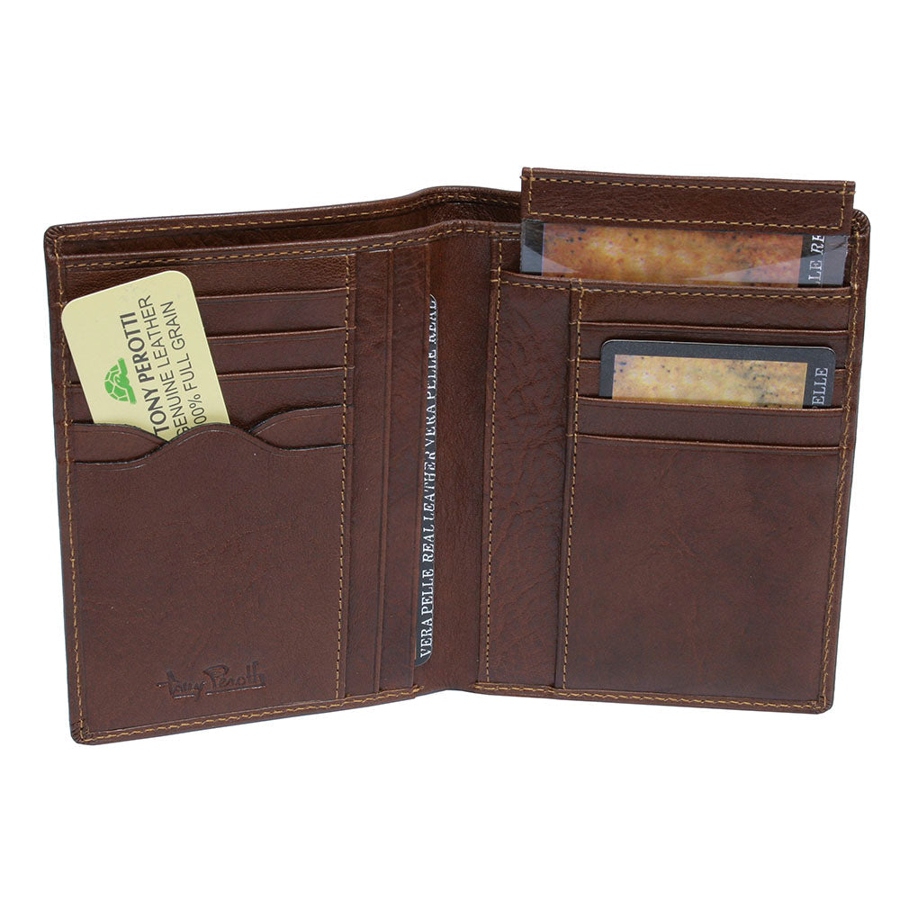 Open Tony Perotti cognac wallet with cards, cash and removable ID holder