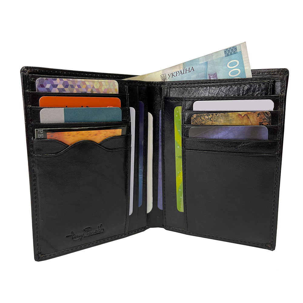 Open Tony Perotti black leather bifold wallet with cards, banknotes and interior pockets