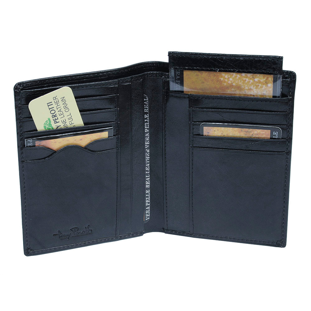 Open Tony Perotti Italico 1153 nero wallet showing card slots and removable ID holder