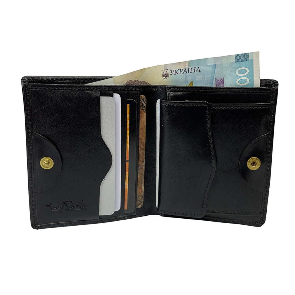 Tony Perotti black leather wallet with currency and cards on a white background - Italico 1165 nero