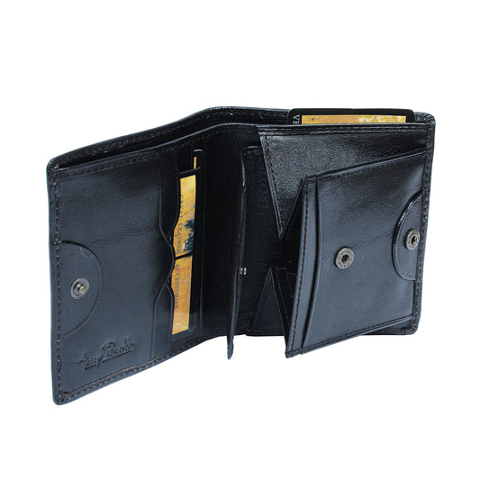 Tony Perotti lack leather wallet with visible brand logo and an open coin pocket
