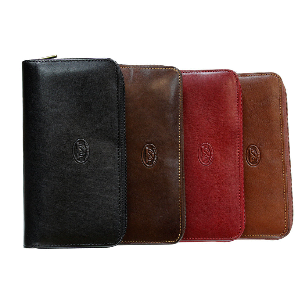Four leather wallets in black, brown, red, and cognac color on a white background - model Tony Perotti Italico 1192
