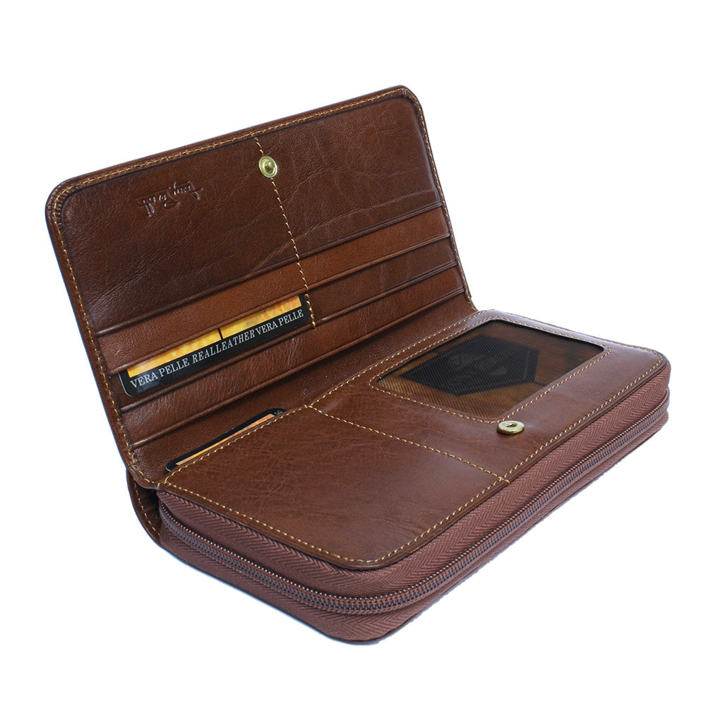 Brown leather wallet with multiple card slots on a white background