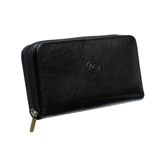 Tony Perotti black leather wallet with a brand logo on a white background