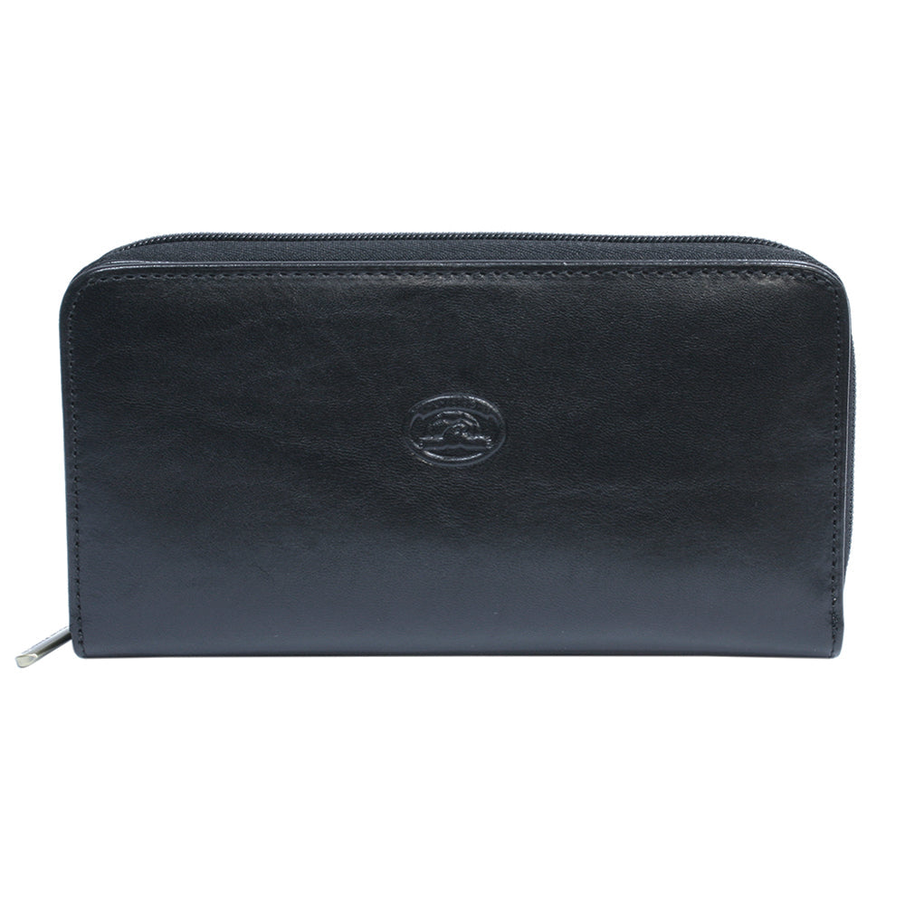 Black leather wallet with a brand logo Tony Perotti on a white background
