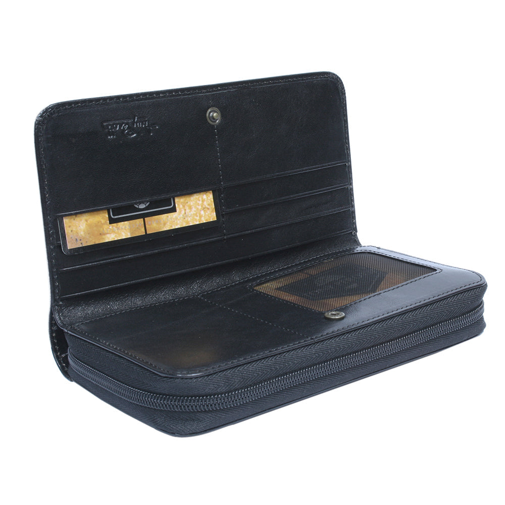 Tony Perotti black leather wallet with gold accents on a white background