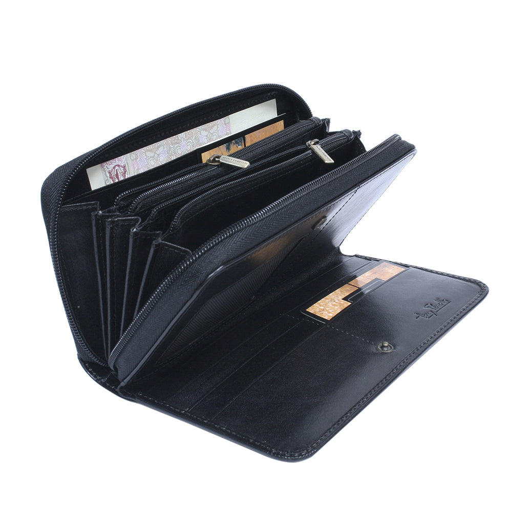 Tony Perotti black leather wallet with multiple compartments on a white background