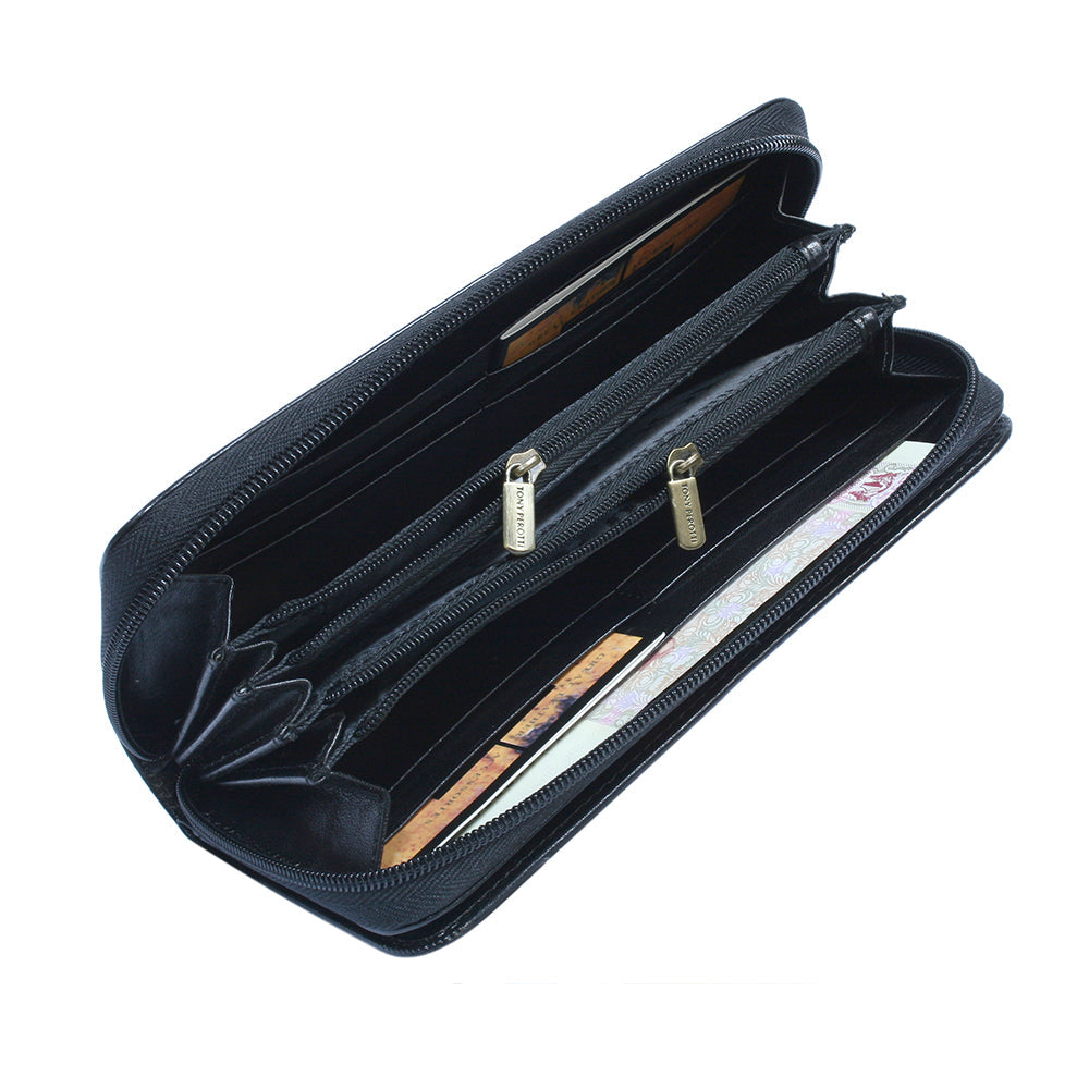 Black zippered pouch with compartments on a white background