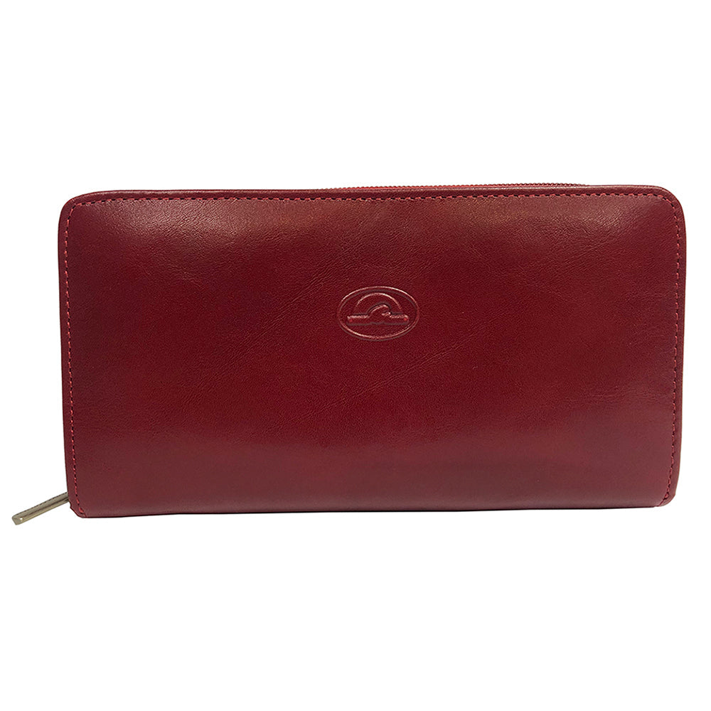 Tony Perotti red leather zip-around wallet with a brand logo on a white background