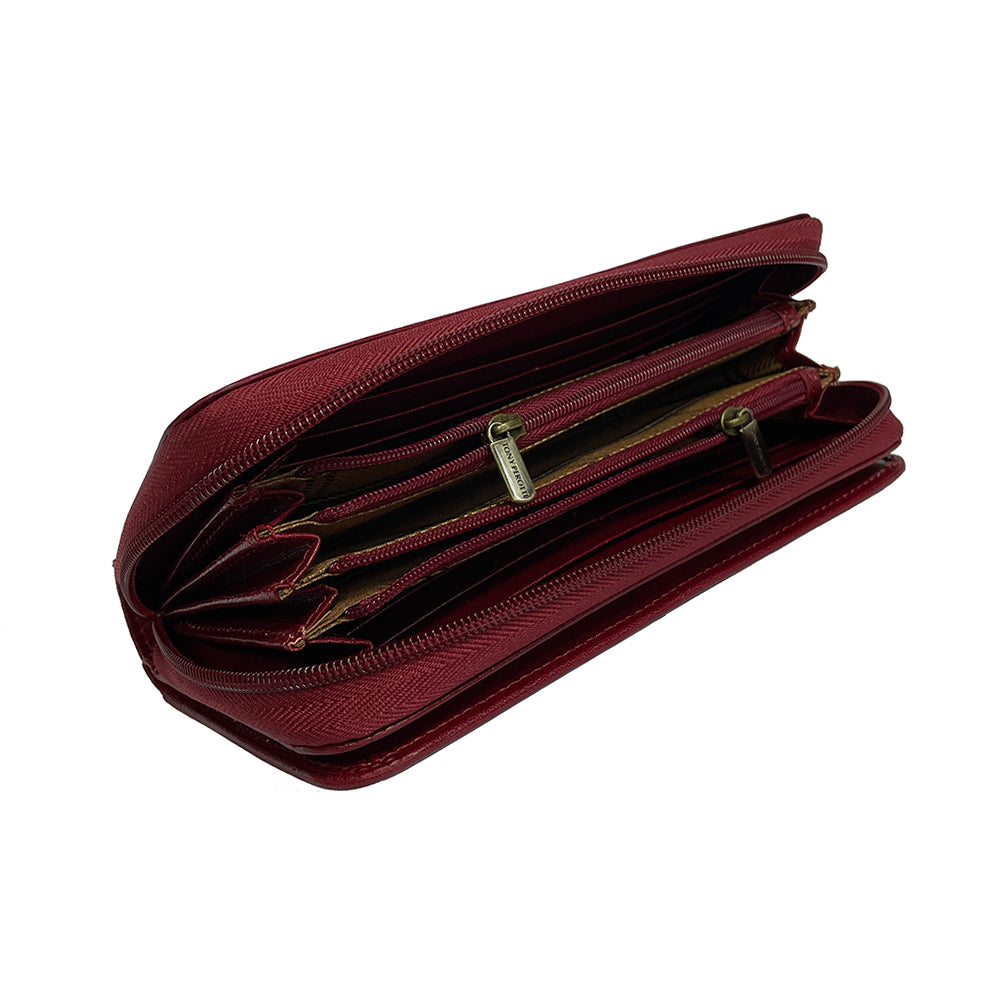 Tony Perotti red wallet with gold accents on a white background