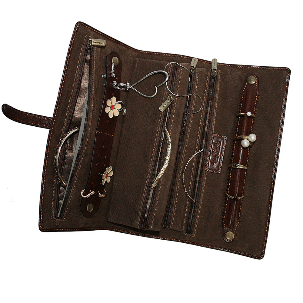 Tony Perotti Italico 1286 moro opened flat — earrings in the holder, chains and bracelets in the zip compartments and rings on the roll