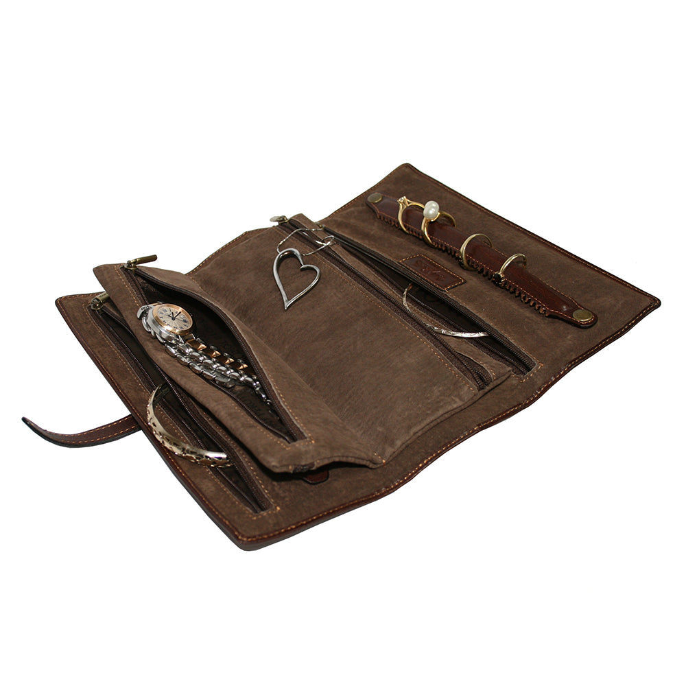 Italico 1286 moro — the open case at an angle with jewellery in place on the brown velour lining