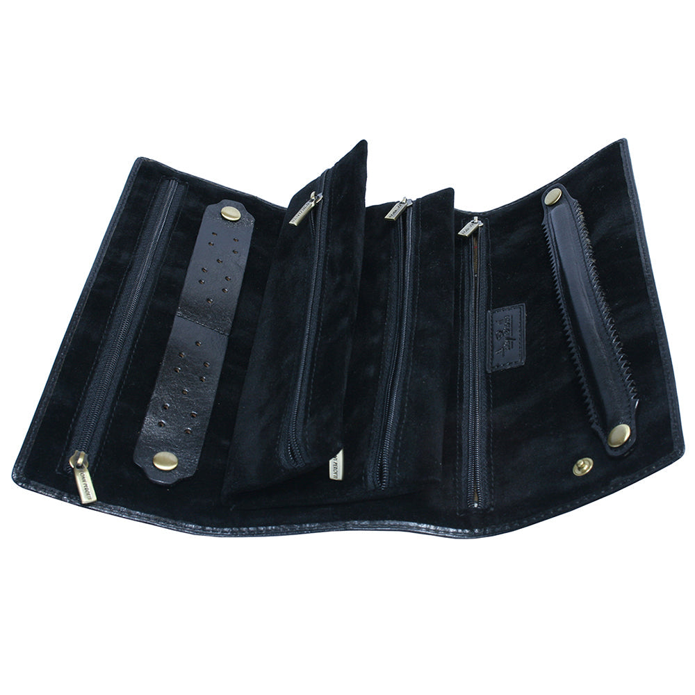 Italico 1286 nero — the empty interior: zip compartments, snaps for the earring holder and the removable ring roll