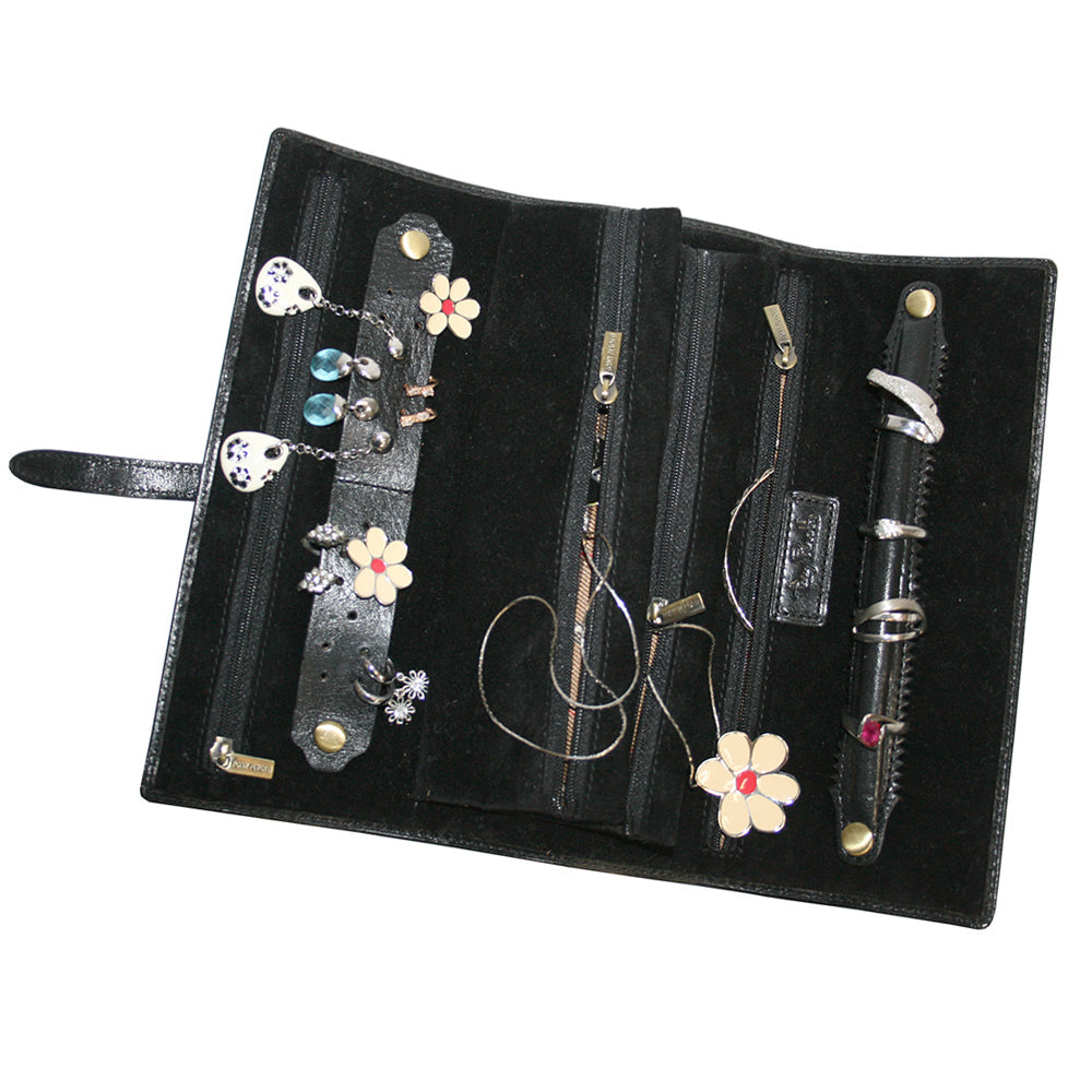 Tony Perotti Italico 1286 nero opened flat — earrings in the holder, chains and bracelets in the zip compartments and rings on the roll