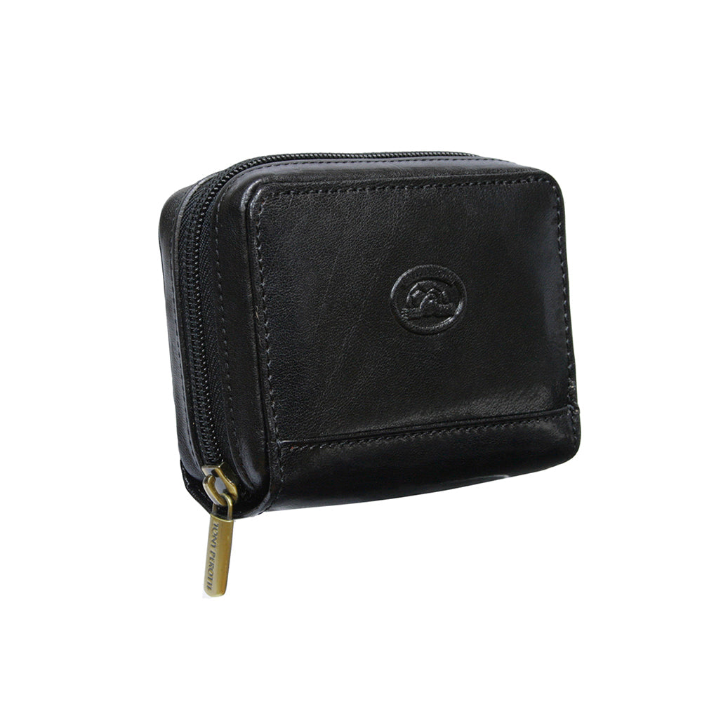 Tony Perotti Italico 1582 nero black leather zip card holder at an angle — the embossed turtle emblem and the zip pull