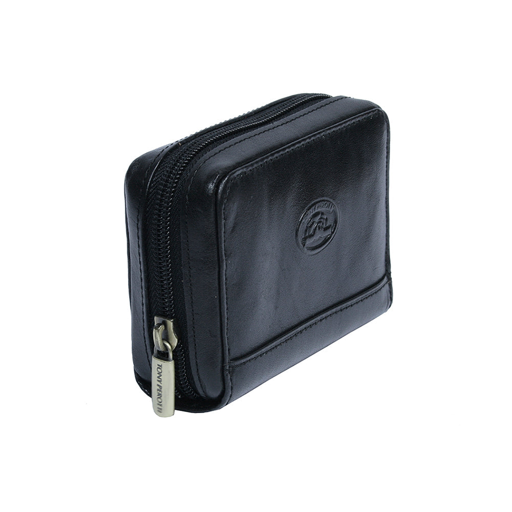 Side view of the Tony Perotti Italico 1582 nero card holder showing its depth and the zip running round the edge