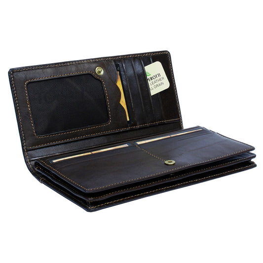 Tony Perotti Brown Leather Card Wallet with Flap on a white background, featuring Tony Perotti branding.