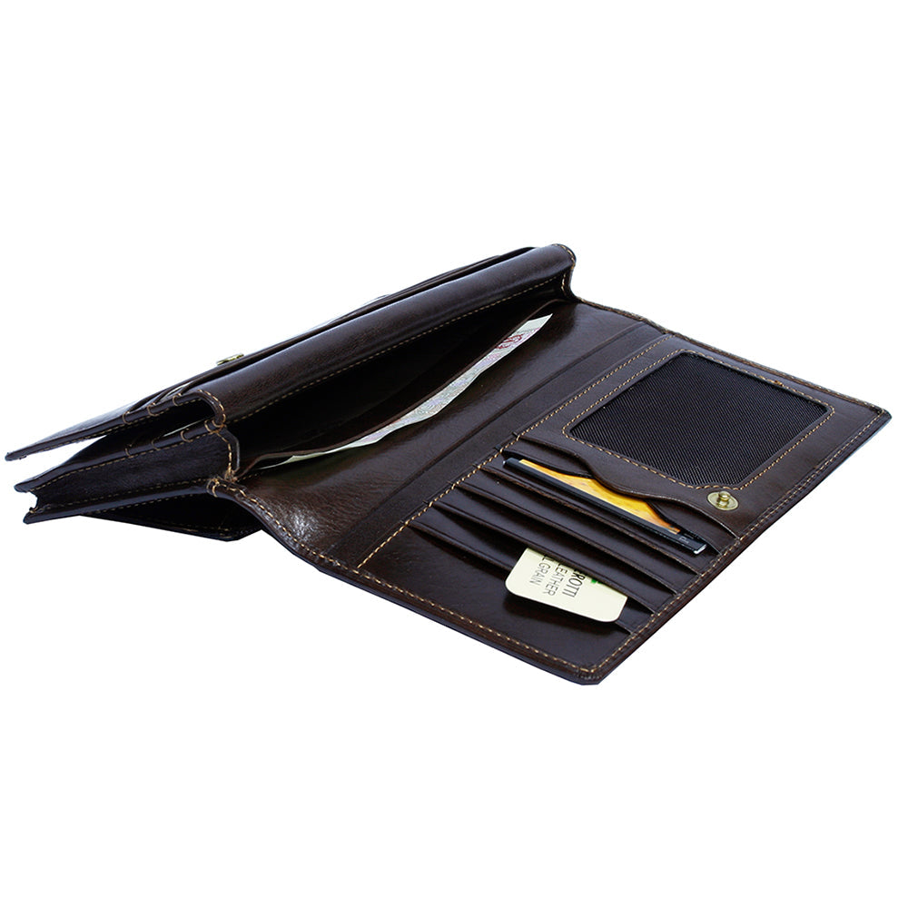 Open brown leather wallet with card slots on a white background