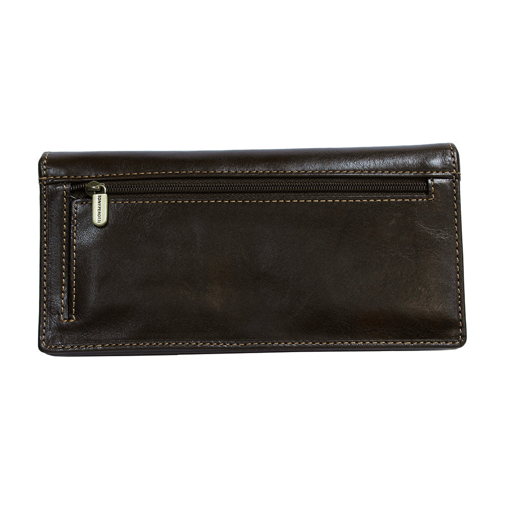 Tony Perotti Brown Leather Card Wallet with Flap with a zipper on a white background