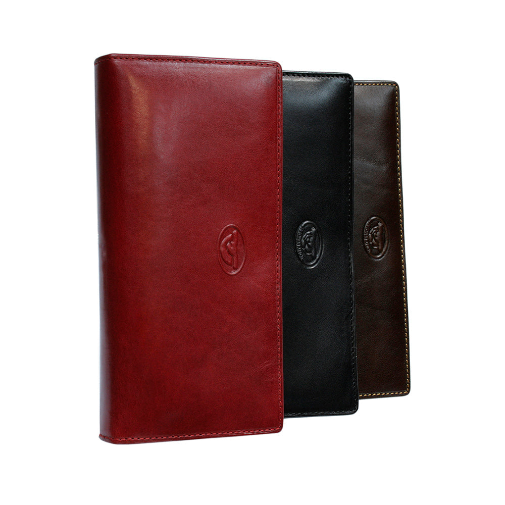 Three leather wallets in red, black, and brown on a white background with Tony Perotti logo, model Italico 1902