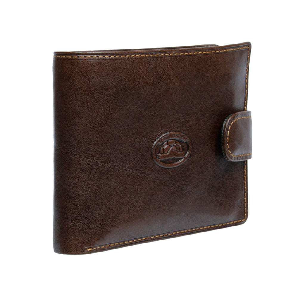 Tony Perotti Italico 2117 moro dark brown leather wallet, closed at a three-quarter angle with the embossed oval emblem and the snap tab